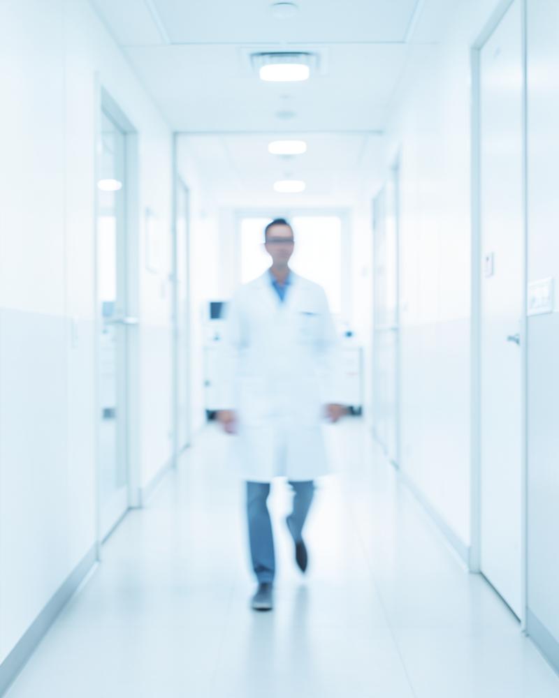 A dentist walking through a bright clinic corridor, softly blurred
