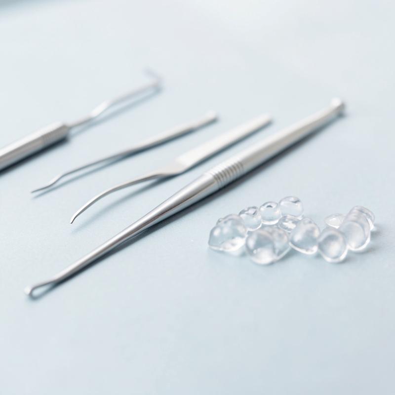 Dental instruments and a clear aligner on a pale surface